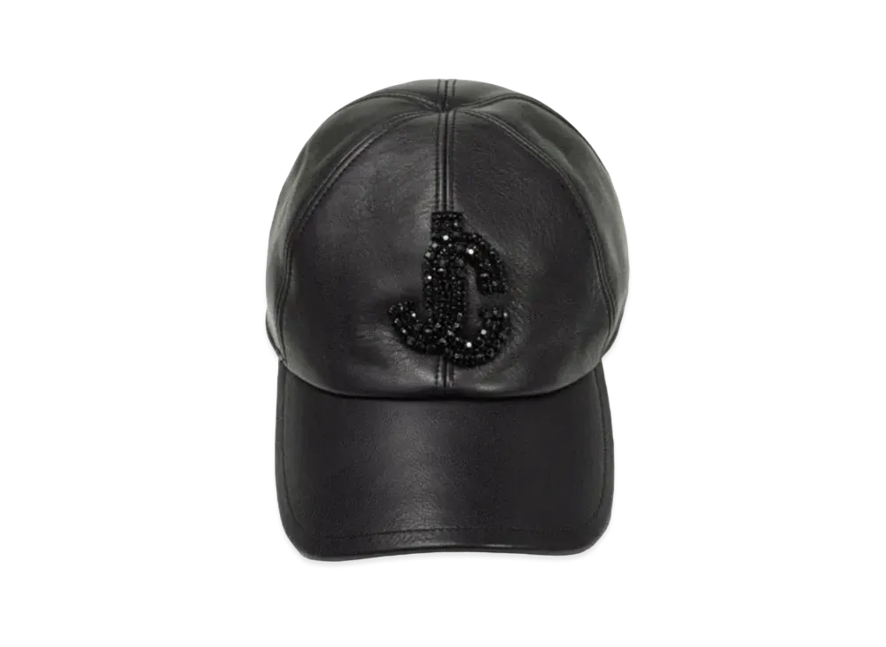Jimmy Choo SABY Leather Baseball Cap With Crystal JC Logo "Black"