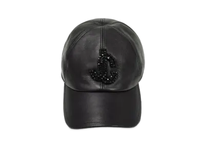 Jimmy Choo SABY Leather Baseball Cap With Crystal JC Logo "Black"