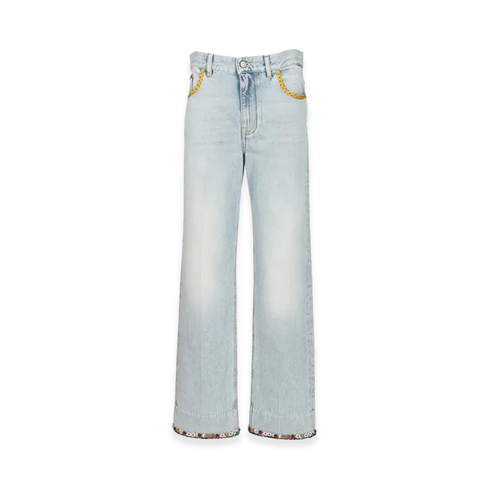 Valentino Women's Denim Trousers With Embroidered Flower Trim "Blue"