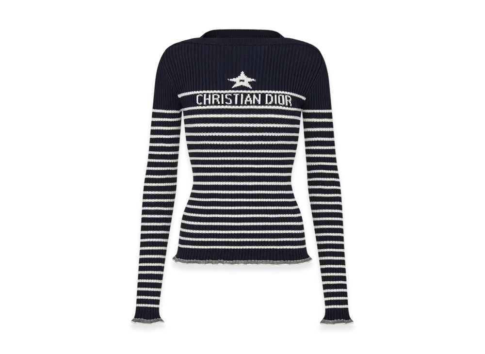 Dior Women's Sweater Cotton Ribbed Knit with Signature "Navy Blue"