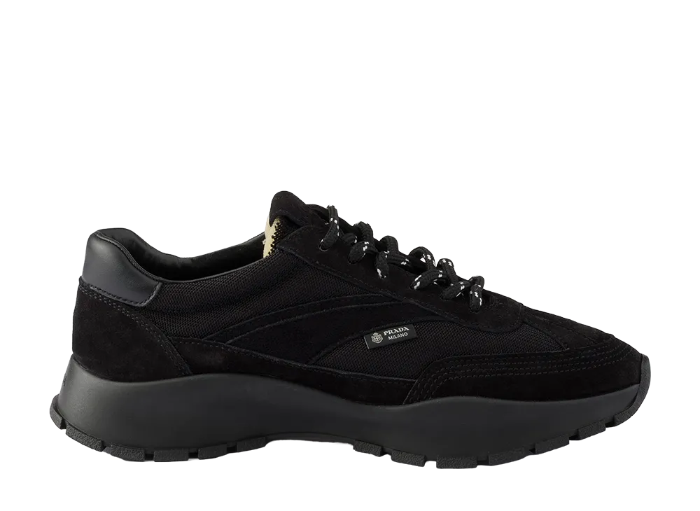 PRADA Women's Mesh Fabric Suede Sneakers "Black"