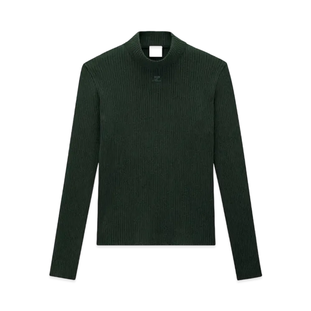 Courreges Reedition Rib Knit Mockneck Sweater "Dark Green"