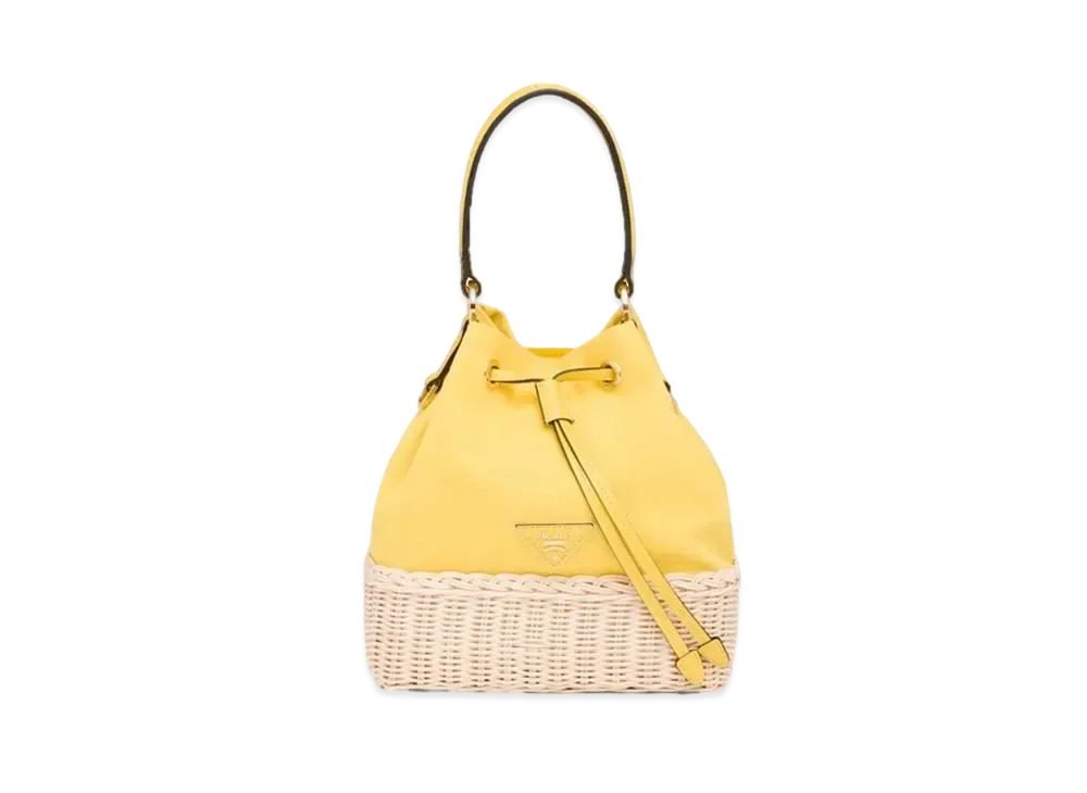 PRADA Wicker And Canvas Bucket Bag "Beige/Sun"