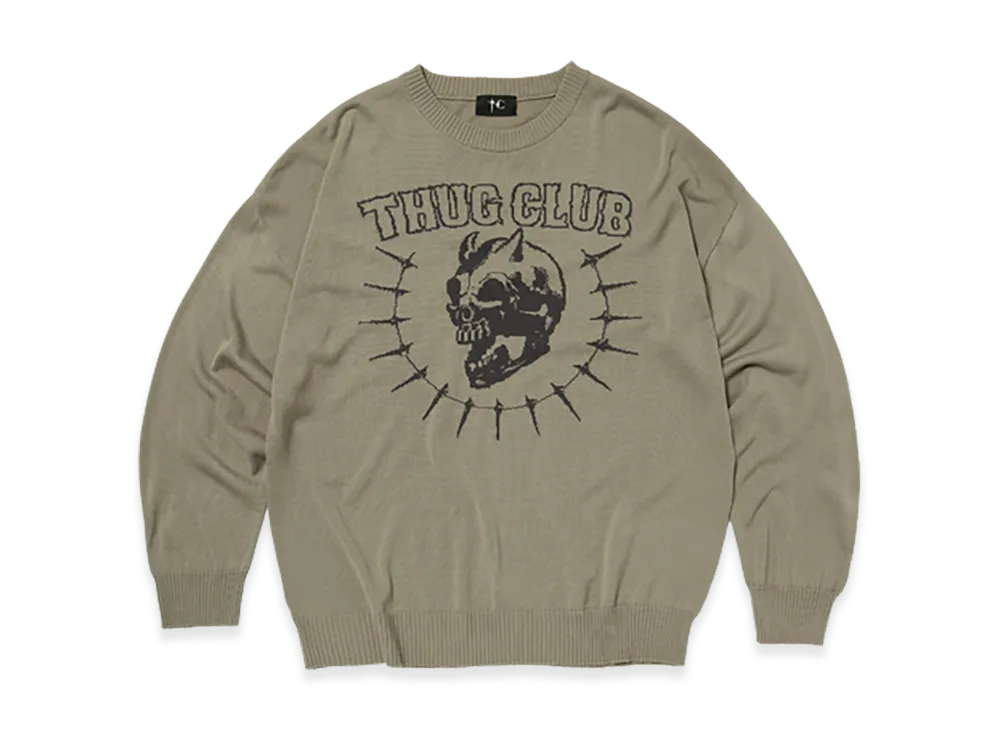 THUG CLUB TC Riding Skull Knit Sweater "Beige"