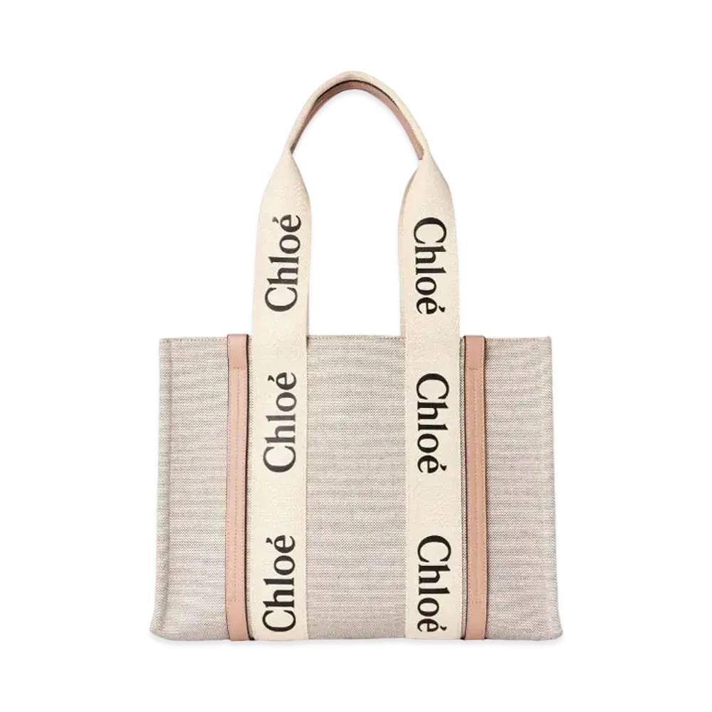 Chloe Medium Woody Tote Bag In Cotton Canvas & Shiny Calfskin With Woody Ribbon "Beige"