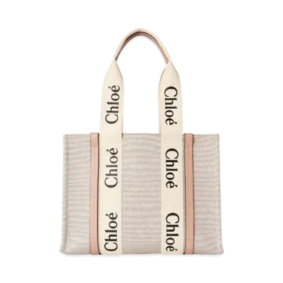Chloe Medium Woody Tote Bag In Cotton Canvas & Shiny Calfskin With Woody Ribbon "Beige"