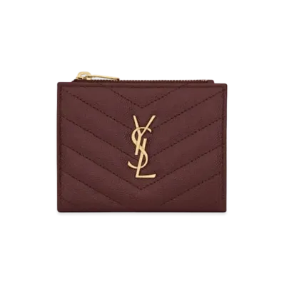 Saint Laurent Monogram Zipped Card Case In Grain De Poudre Embossed Leather "Rouge Legion"