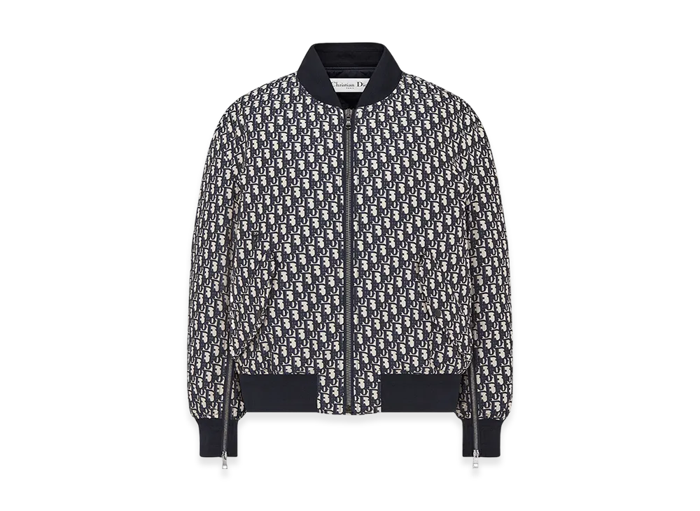 Dior Women's Bomber Jacket Technical Taffeta Jacquard Oblique Motif "Blue"