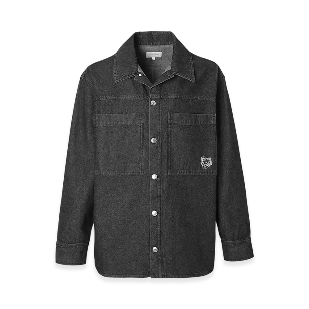 Maison Kitsune Workwear Overshirt In Washed Denim With Fox Head Patch "Washed Black"