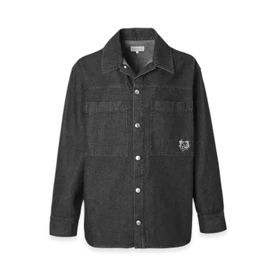 Maison Kitsune Workwear Overshirt In Washed Denim With Fox Head Patch "Washed Black"