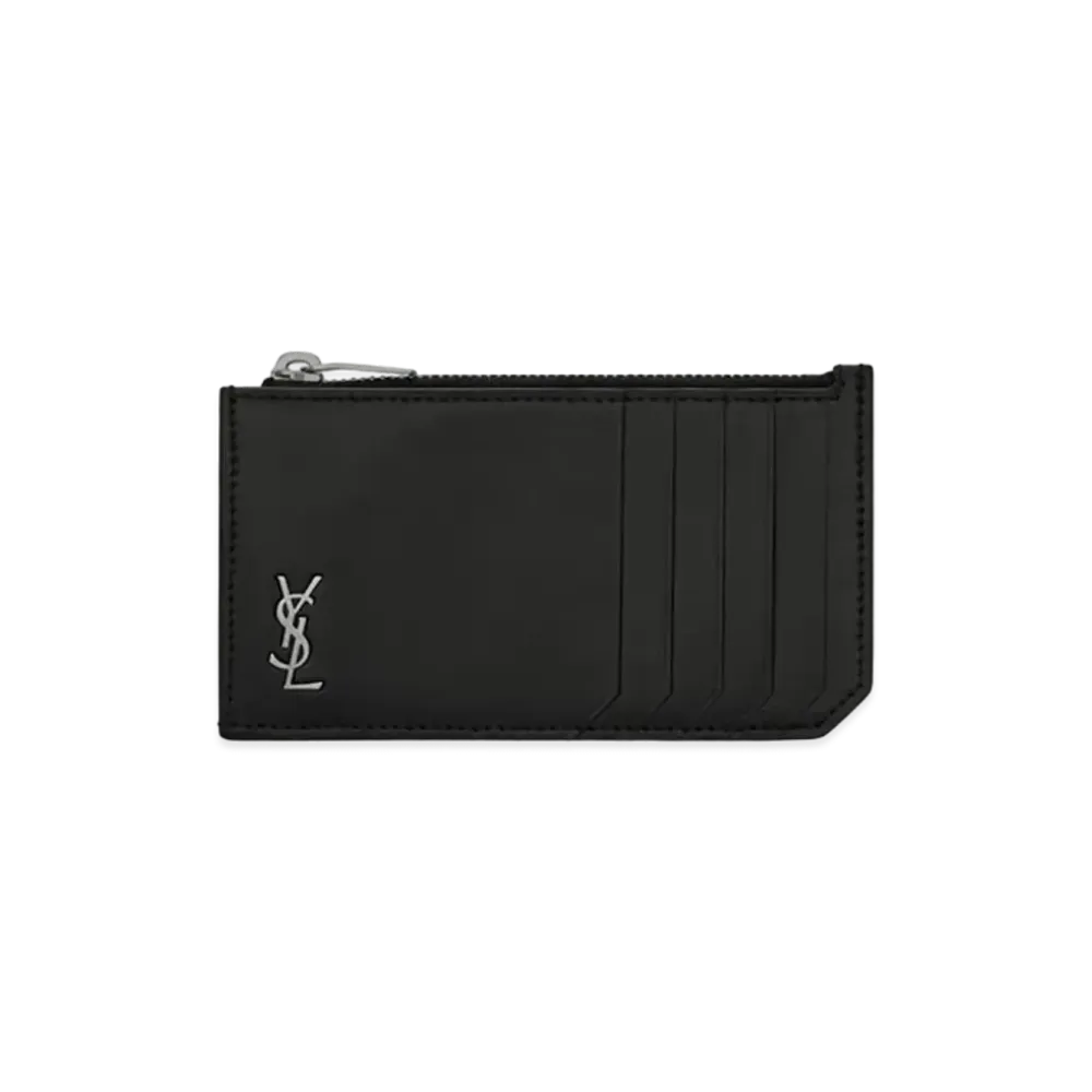 Saint Laurent Tiny Monogram Fragments Zip Card Case In Matte Leather "Black"