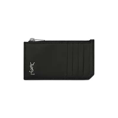 Saint Laurent Tiny Monogram Fragments Zip Card Case In Matte Leather "Black"