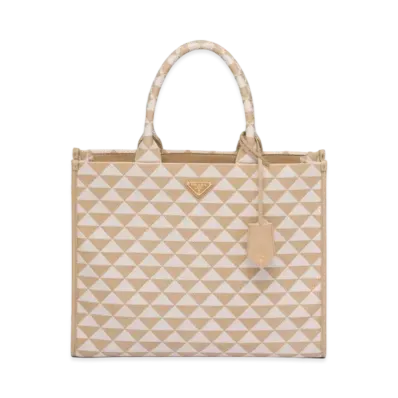 PRADA Large Prada Symbole Embroidered Fabric Handbag "Beige/Off White"