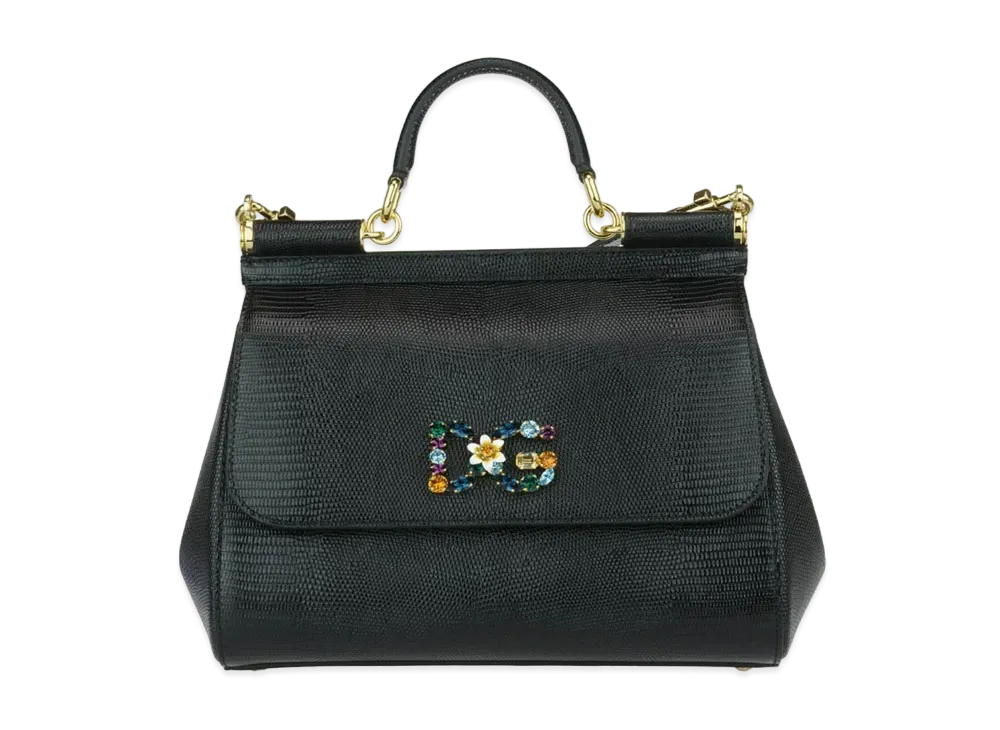 Dolce&Gabbana Sicily Bag Medium Calfskin Ig Anapropy Logo Patch DG Crystal "Black"