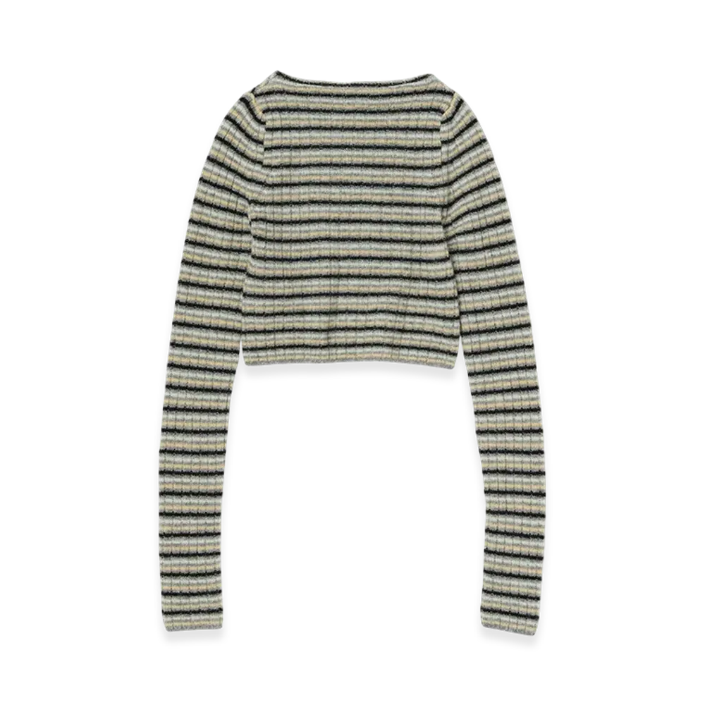 AURALEE Shetland Wool Cashmere Rib Knit Boat-Neck P/O "Beige Stripe"