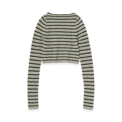 AURALEE Shetland Wool Cashmere Rib Knit Boat-Neck P/O "Beige Stripe"