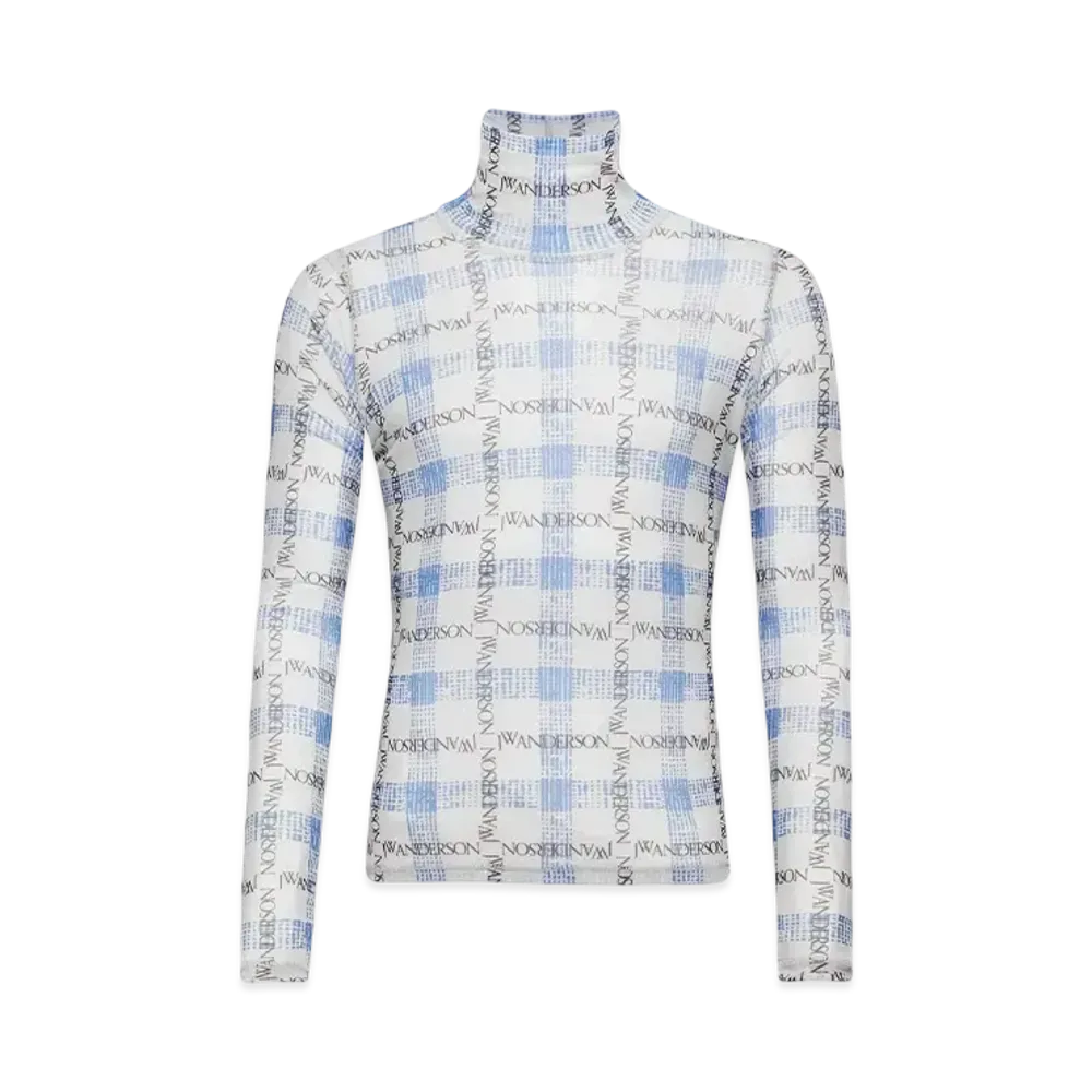 JW ANDERSON Logo Grid Check Print Long Sleeve Sheer Top "Blue"