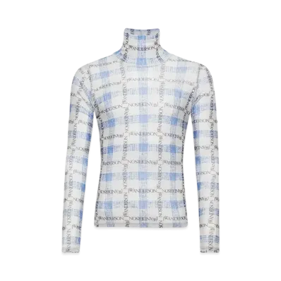 JW ANDERSON Logo Grid Check Print Long Sleeve Sheer Top "Blue"