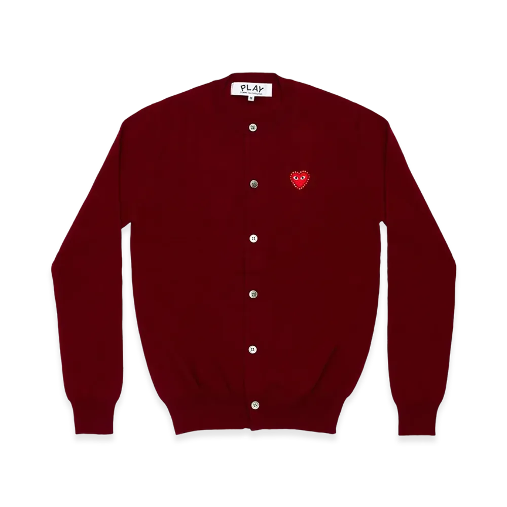 PLAY COMME des GARCONS Unisex Round Neck Cardigan with Emblem x Rhinestone "Burgundy"