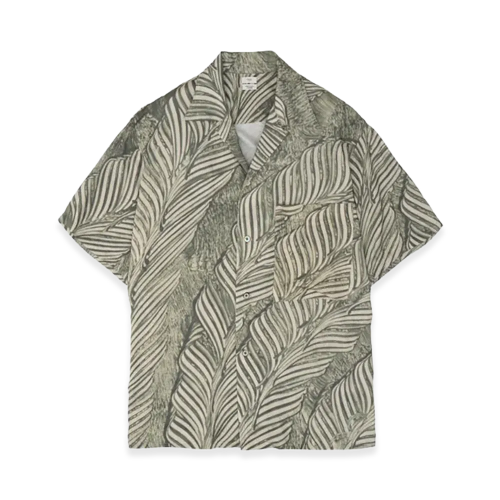 YOKE Leaf Pattern Printed Rayon Open Collar Shirt "Ivory"