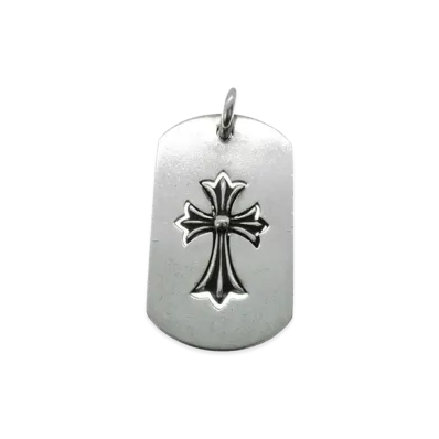 Chrome Hearts Cut Out Tiny Cross Large Dog Tag Necklace Top "Silver"