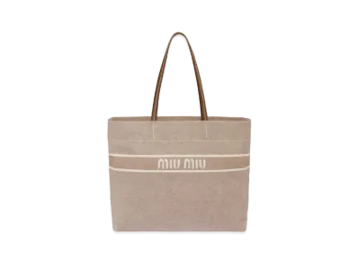 MIU MIU Denim Tote Bag With Jacquard Logo "Camel Brown"