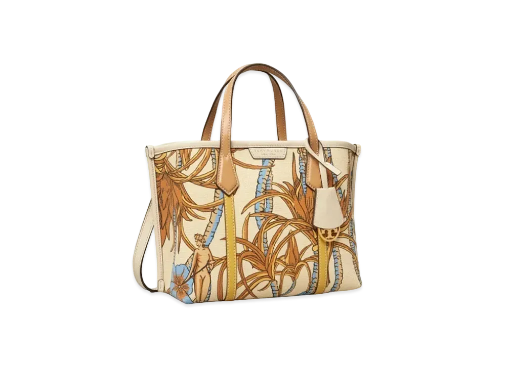 TORY BURCH Perry Print Canvas Small Triple Compartment Tote "French Cream/Climbing Palms"