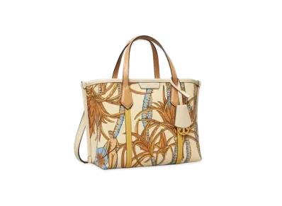 TORY BURCH Perry Print Canvas Small Triple Compartment Tote "French Cream/Climbing Palms"
