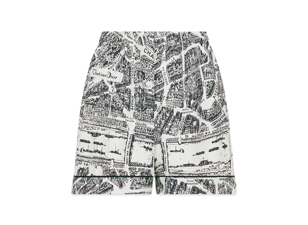 Dior Women's Shorts Silk Twill Plan Paris Motif "White/Black"