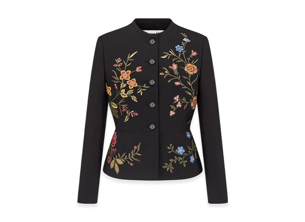Dior Women's Embroidered Jacket with Peplum Wool Mohair Petites Fleurs Motif "Black/Multicolor"