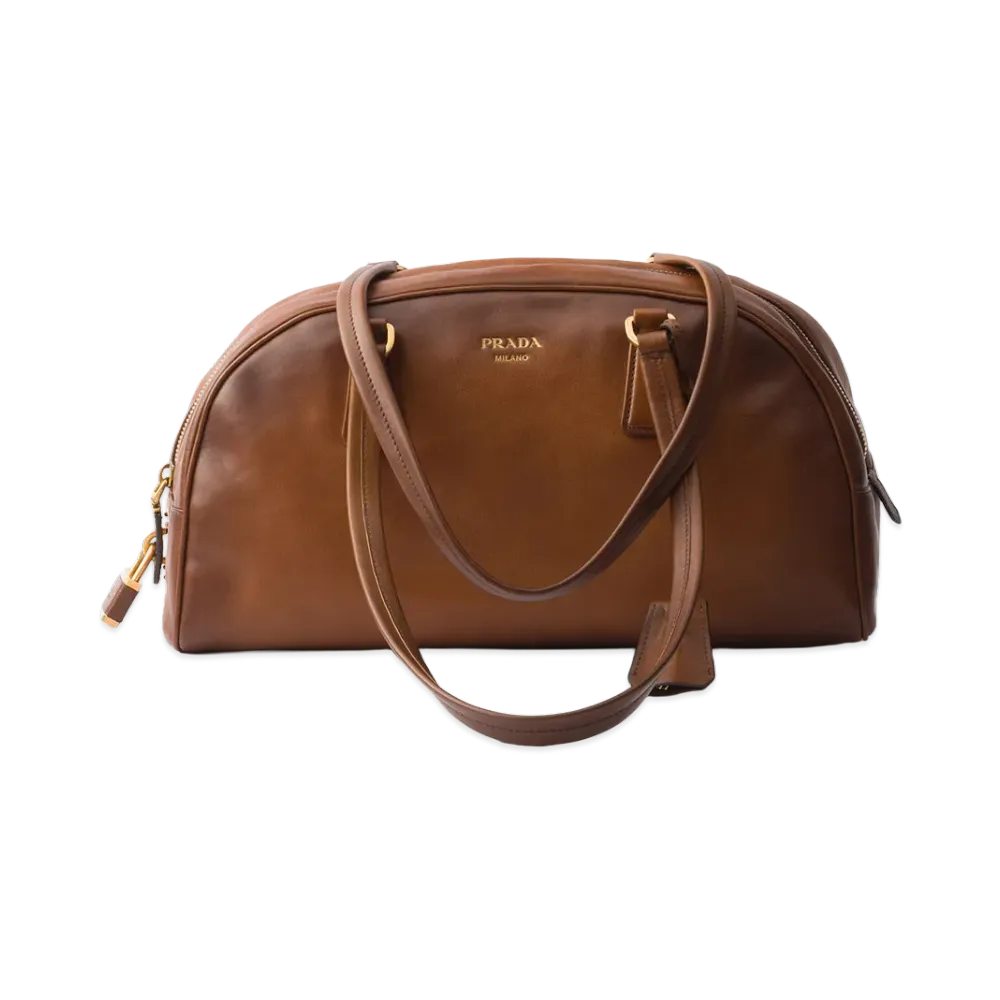 PRADA Bowling Medium Top Handle Leather Bag "Cognac Brown"