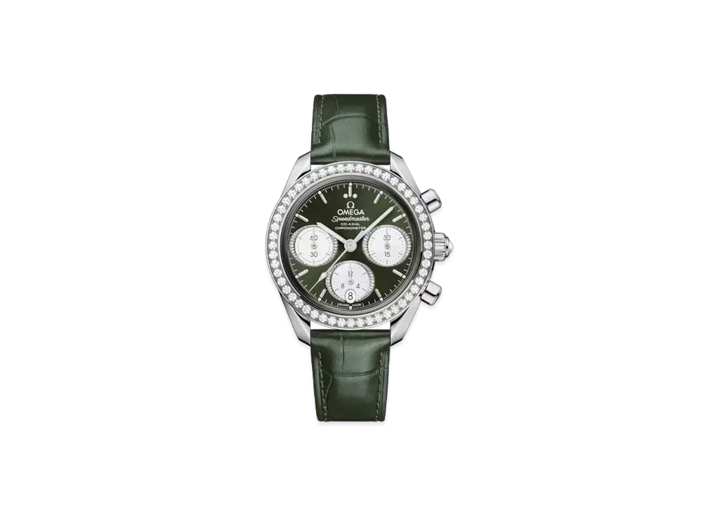 OMEGA Speedmaster Co-Axial Chronometer Bezel Diamonds Alligator Leather Strap 38MM "Stainless Steel/Green" 324.18.38.50.60.001