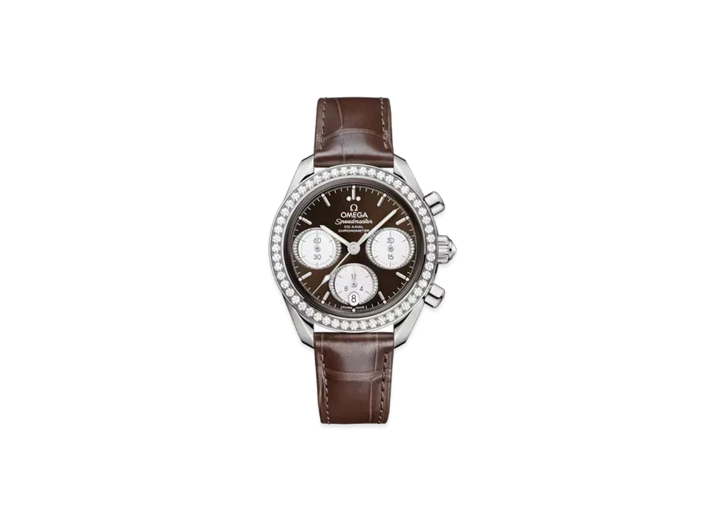 OMEGA Speedmaster Co-Axial Chronometer Bezel Diamonds Alligator Leather Strap 38MM "Stainless Steel/Brown" 324.18.38.50.63.001