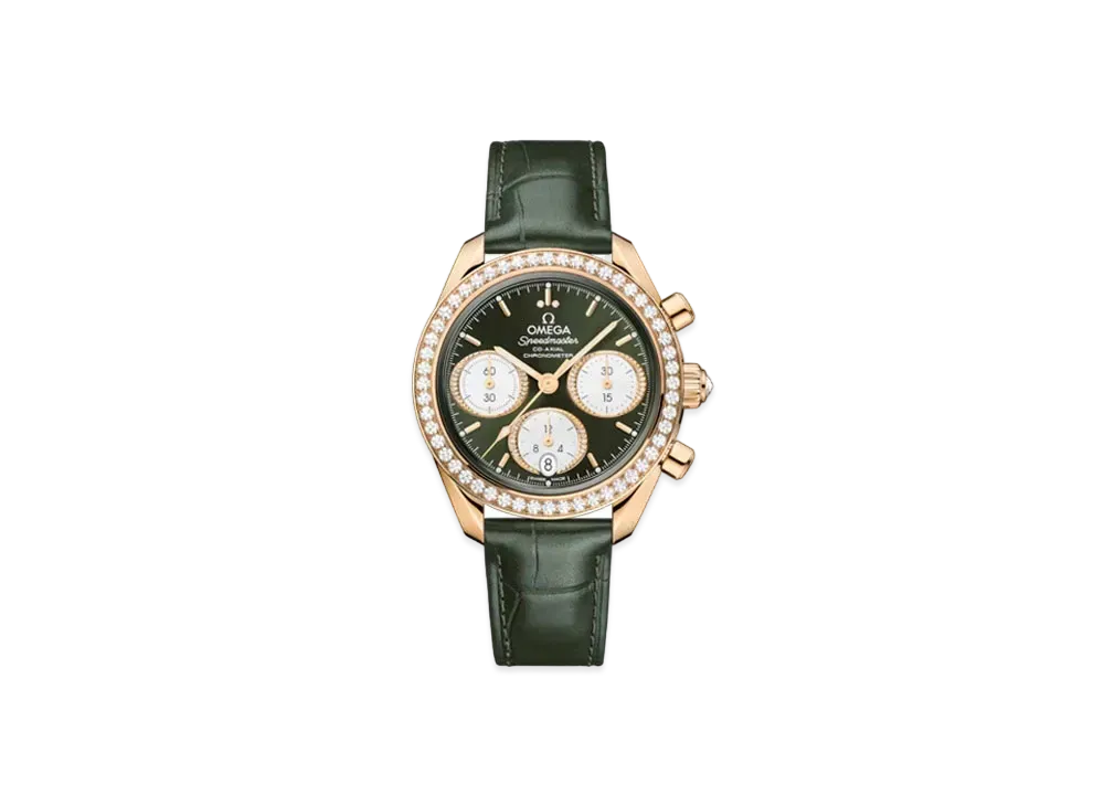 OMEGA Speedmaster Co-Axial Chronometer Bezel Diamonds Alligator Leather Strap 38MM "Moonshine Gold/Green" 324.58.38.50.60.001