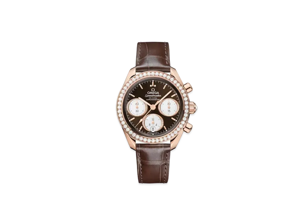 OMEGA Speedmaster Co-Axial Chronometer Bezel Diamonds Alligator Leather Strap 38MM "Sedona Gold/Brown" 324.58.38.50.63.001