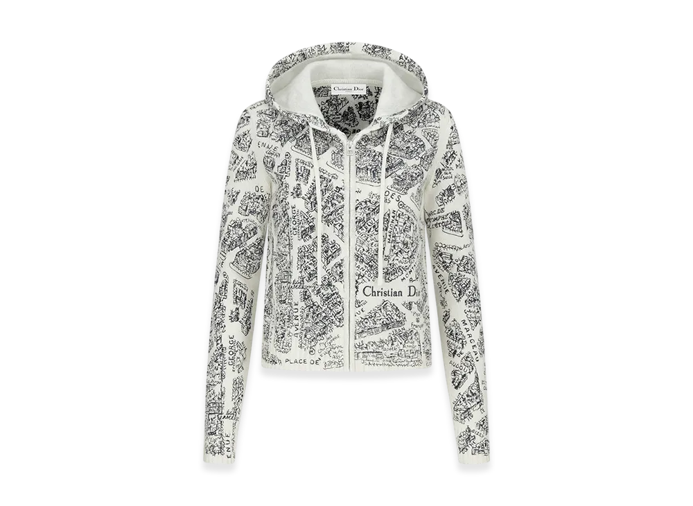 Dior Women's Embroidered Hooded Cardigan Cashmere Knit Plan Paris Motif "White/Black"