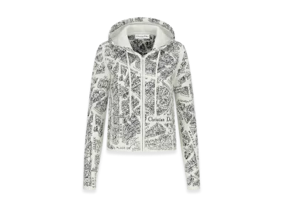 Dior Women's Embroidered Hooded Cardigan Cashmere Knit Plan Paris Motif "White/Black"