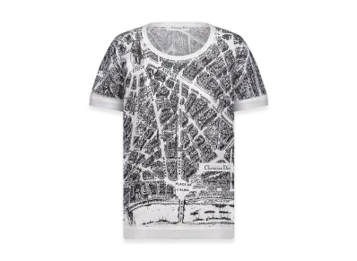 Dior Women's T-Shirt Linen Cashmere Silk Knit Plan Paris Motif "White/Black"