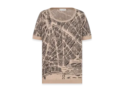 Dior Women's T-Shirt Linen Cashmere Silk Knit Plan Paris Motif "Beige/Black"