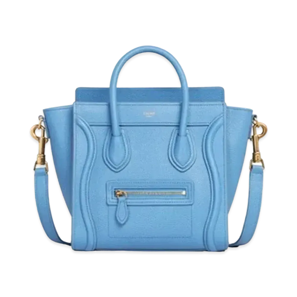 CELINE Nano Luggage Bag In Drummed Calfskin "Azure"
