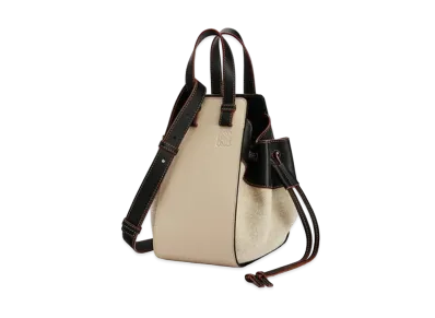 LOEWE Small Drawstring Hammock Bag In Calfskin And Linen "Light Oat/Black"