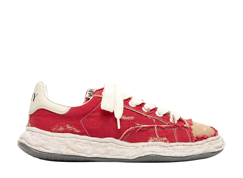 メゾンミハラヤスヒロ チャールズ オリジナルソール リップド オーバーダイ キャンバスローカットスニーカー "レッド"