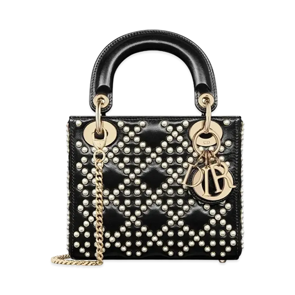 Dior Mini Lady Bag Crinkle Effect Resin Half Pearl Motif "White/Black"