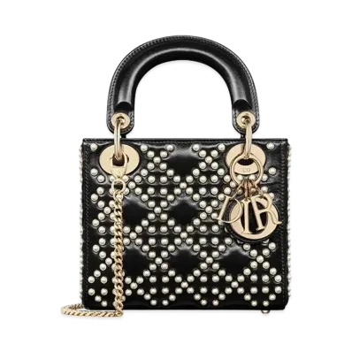 Dior Mini Lady Bag Crinkle Effect Resin Half Pearl Motif "White/Black"