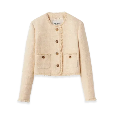 MIU MIU Single-Breasted Tweed Jacket Embroidered Logo "Vanilla"