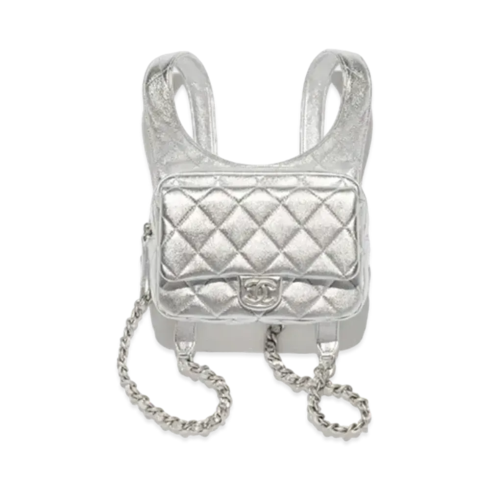 CHANEL Backpack Metallic Lambskin & Silver Tone Metal "Silver"