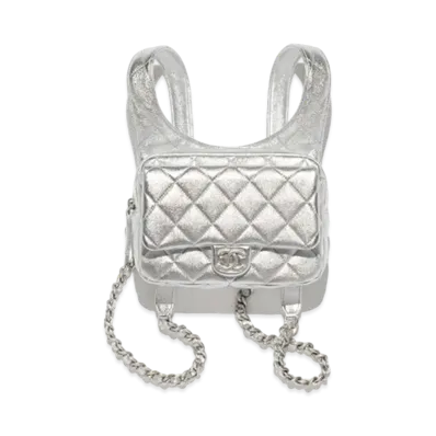 CHANEL Backpack Metallic Lambskin & Silver Tone Metal "Silver"