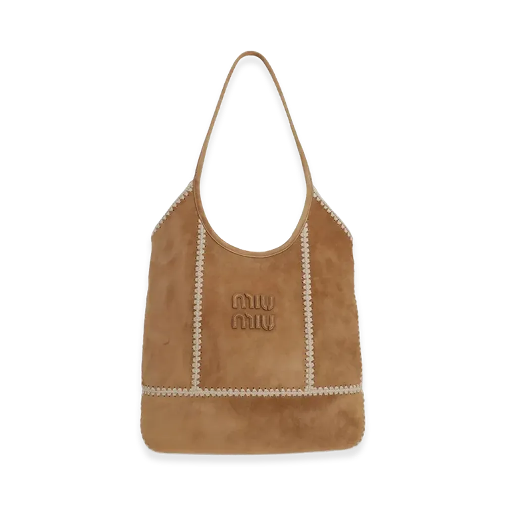 MIU MIU Women's Ivy Camoscio Crochet Shopping Bag "Camel"