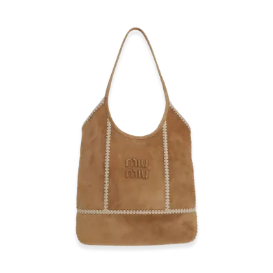 MIU MIU Women's Ivy Camoscio Crochet Shopping Bag "Camel"