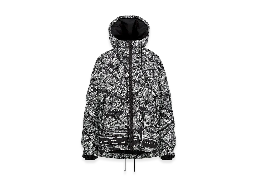 Dior Women's Dioralps Hooded Puffer Jacket Quilted Technical Taffeta Plan Paris Motif "Black/White"